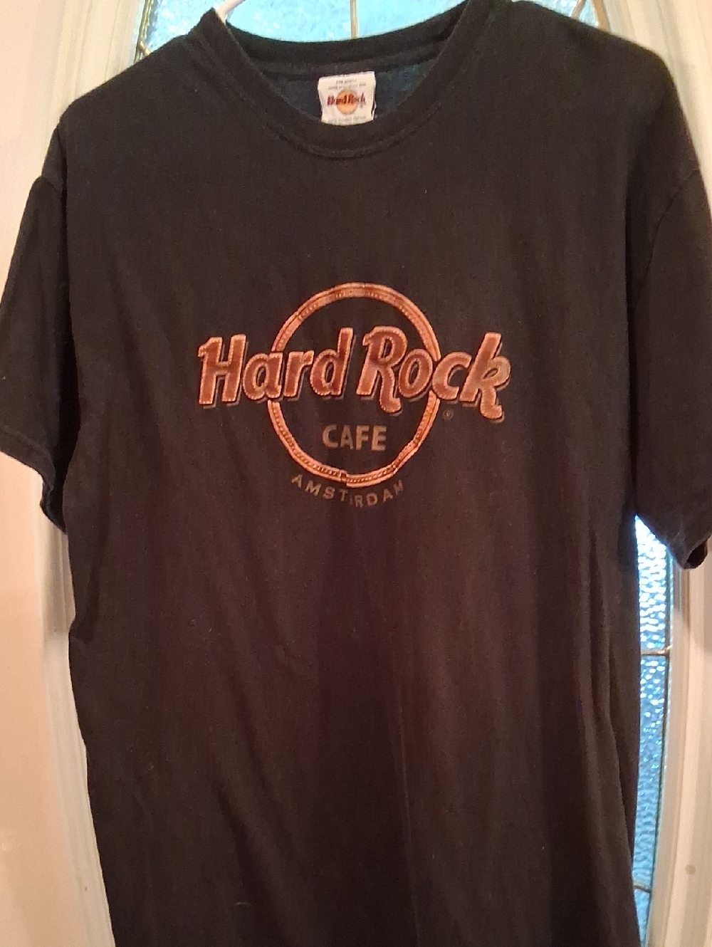 Vintage Hard Rock Cafe Black Tee with Copper Leather Logo - Amsterdam